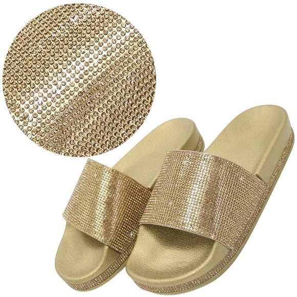 Gold Rhinestone Slides - Comfortable Sparkling Sandals with Glitter Band NWB! - Picture 2 of 9